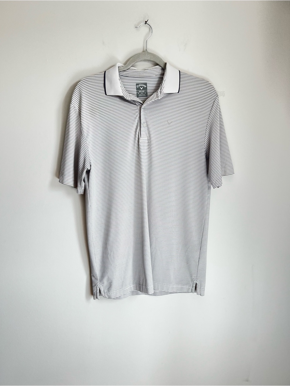 Callaway Opti-Dri Mens Golf Polo White Navy Stripe Chest Emblem Size S